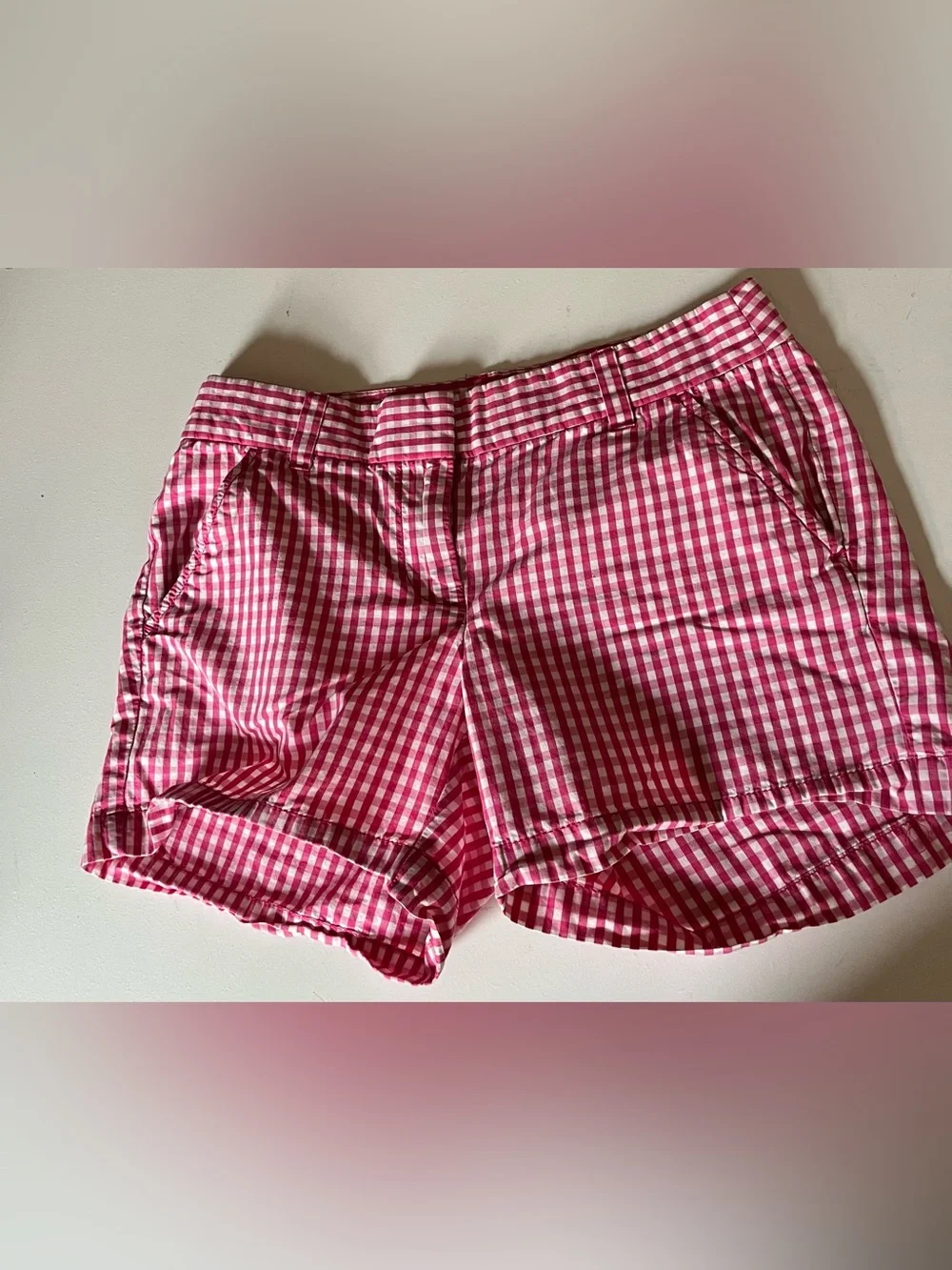 Women’s J.Crew pink & white gingham check classic mid-rise, pockets, size 0 3”